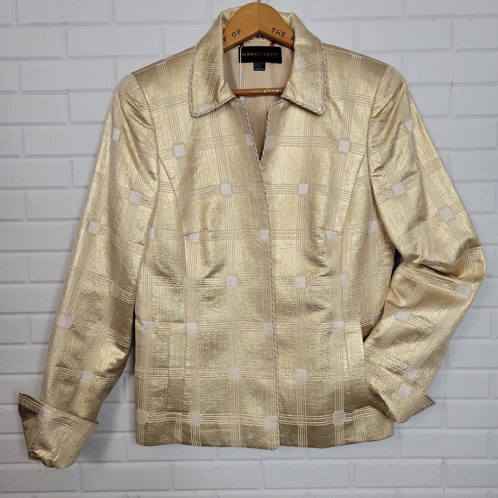 Nina Mclemore evening jacket size 4 gold silk brocade windowpane plaid 36" bust‎